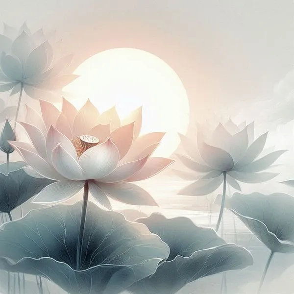 Hai đóa sen trắng trước vầng trăng lớn, nền sương nhạt và lá tối gợi sự vô thường trong một đêm tiễn biệt