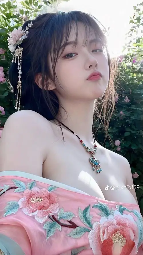 Ảnh gái xinh thướt tha trong bộ trang phục trễ vai họa tiết hoa anh đào rực rỡ đứng tạo dáng e ấp giữa khung cảnh thiên nhiên