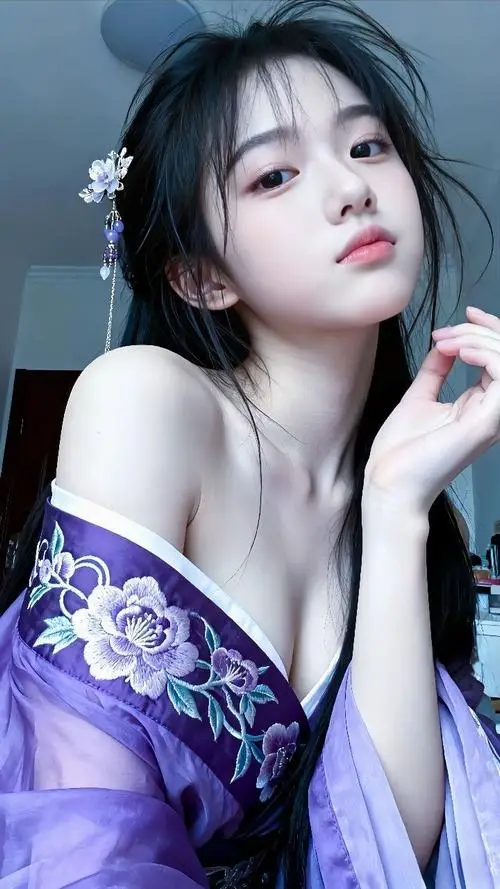 Thiếu nữ diện bộ trang phục màu xanh tím mang phong cách cổ trang đang khoe khéo bờ vai trần nuột nà cùng thần thái vô cùng thanh tao