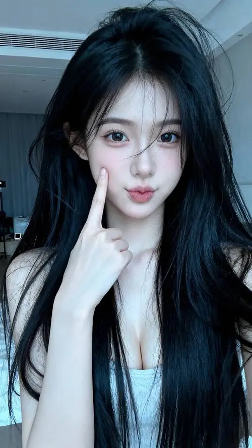 Ảnh gái xinh có mái tóc đen dài mượt mà đang đưa ngón tay lên môi đầy tinh nghịch trong không gian phòng khách tối giản hiện đại