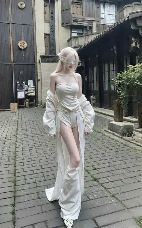 Hình mỹ nữ thướt tha trong tà váy trắng tinh khôi đứng tạo dáng trước hiên nhà gỗ mang đậm nét kiến trúc cổ kính và mộc mạc