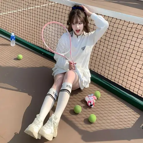 Trên sân tennis nắng nhẹ, cô gái ngồi giữa nhiều bóng vàng, áo khoác trắng và tất cao cổ tạo cảm giác trẻ trung, đáng yêu