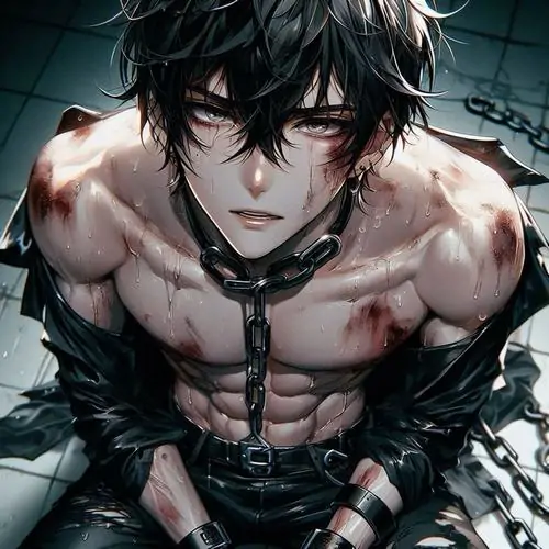 Góc nhìn cận cảnh khiến hình ảnh nhân vật nam anime quyến rũ nổi bật hơn, cơ ngực căng, dây cổ đen và ánh mắt sắc