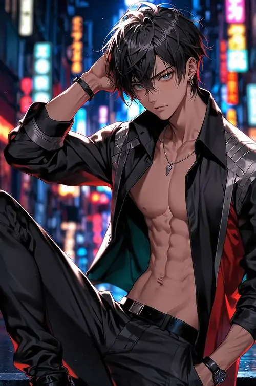 Góc phố đêm rực đèn làm nổi bật ảnh nam thần anime thể hình, chàng trai áo đen mở khuy với cơ ngực săn chắc