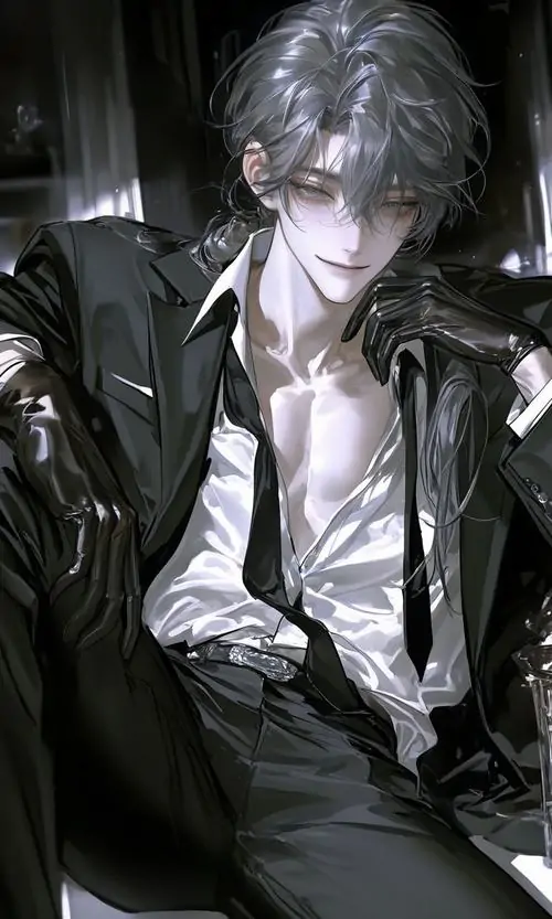 Tông đen xám phủ quanh hình nền hot boy anime cơ bắp, nhân vật mặc suit mở cổ áo, ánh mắt buồn và dáng ngồi lặng