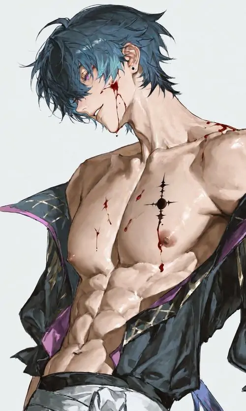 Chàng trai tóc xanh cúi nhẹ bên áo khoác trễ vai, ảnh mỹ nam anime sáu múi nổi bật nhờ cơ bụng rõ và làn da sáng