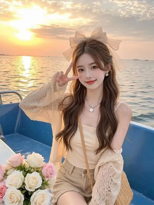 Trên thuyền lúc hoàng hôn, cô gái váy be ngồi cạnh bó hoa, tóc búi cao và nụ cười nhẹ tạo không khí mềm mại