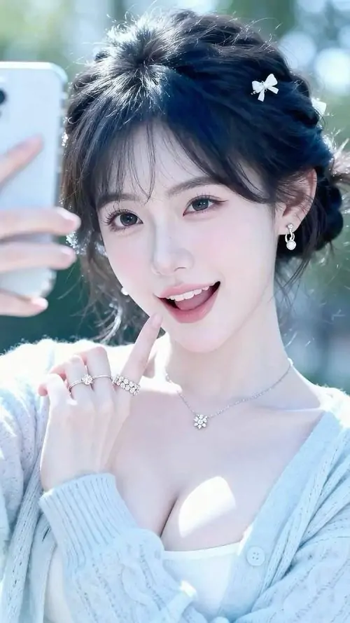 Nền tuyết xanh mát làm sáng gương mặt cô gái áo len trắng, mái tóc đen cài nơ và nụ cười mở rạng rỡ