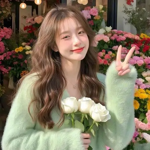 Giữa nền hoa đỏ hồng, hình gái đẹp cười tươi cầm bó hoa trắng, áo xanh pastel và tóc uốn nhẹ tạo nét ngọt ngào