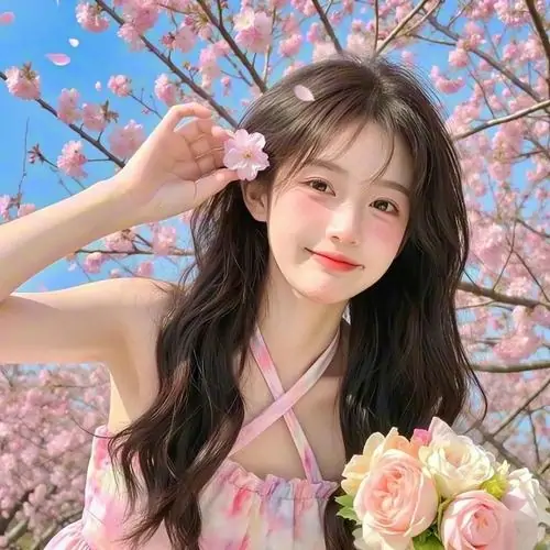Dưới tán hoa anh đào hồng, cô gái váy hoa đưa tay tạo dáng, nụ cười mỉm và ánh mắt lấp lánh rất duyên
