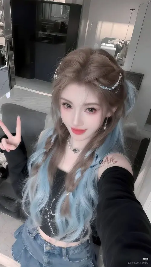 Gái xinh cười trong ảnh selfie trong nhà, tóc xám dài uốn sóng, áo tối màu và dáng tay chữ V tạo vẻ trẻ trung