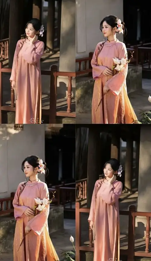 Bộ ảnh tạo dáng chụp ảnh áo dài màu cam ghi lại người mẫu ôm hoa, đứng cạnh cột gỗ và ngồi bên khung cửa