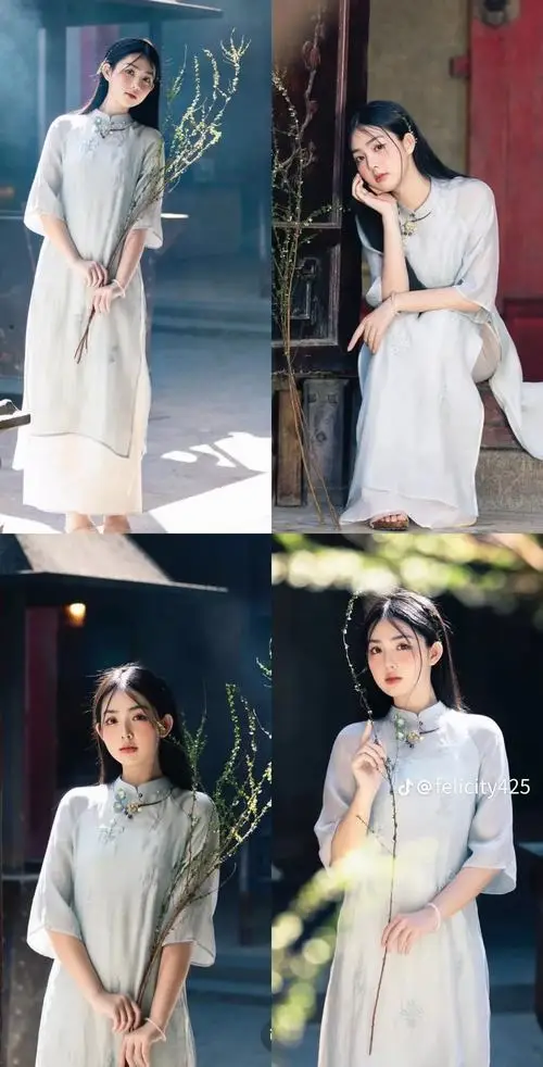 Trong khung ảnh ghép với hoa sen, nàng áo dài trắng nghiêng mặt mỉm cười, gợi tạo kiểu khi mặc áo dài thật trong trẻo