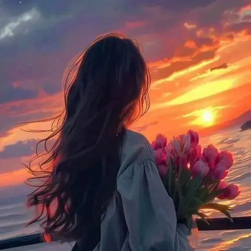 Mái tóc dài buông xõa bay nhẹ trong gió chiều cùng bó hoa tulip rực rỡ hòa vào sắc cam rực cháy của bầu trời hoàng hôn cuối ngày.