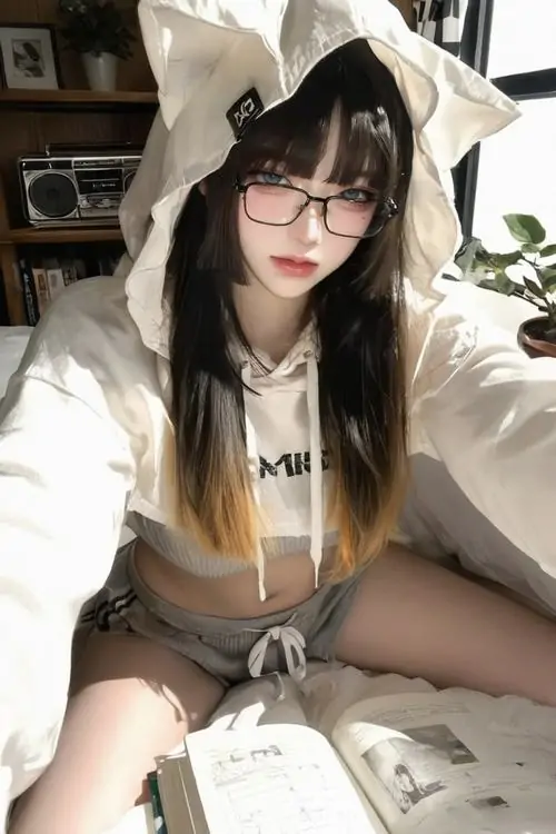 Áo hoodie sáng màu cùng kính gọng đen làm cô gái trông hiền hơn, cô ngồi trong phòng với ánh mắt hơi cúi xuống