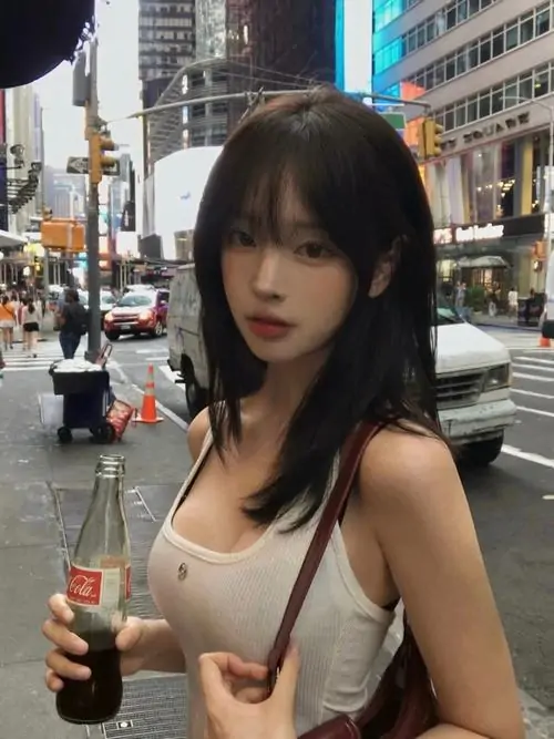 Giữa phố đông, cô gái tóc dài cầm chai nước, áo hai dây trắng và chân váy đen tạo dáng tự nhiên trên vỉa hè