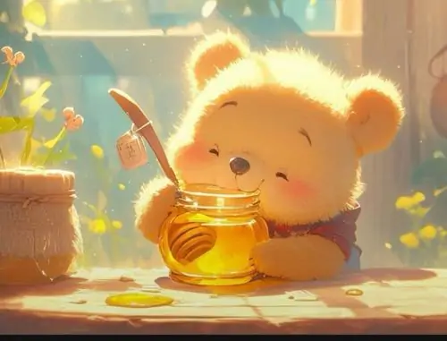 Gấu vàng nhỏ ngồi cạnh hũ mật dưới nắng, ánh sáng mềm và bảng màu vàng cam làm cảnh nhìn rất êm