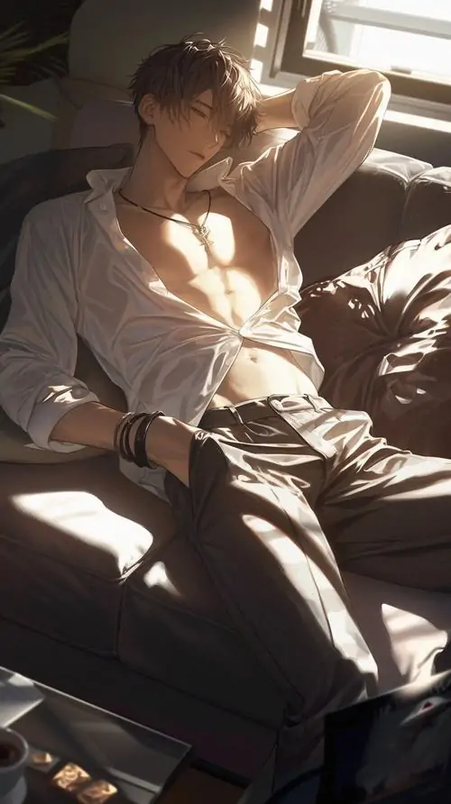 Nắng xiên qua cửa làm ảnh trai đẹp anime cơ bụng rõ trở nên ấm hơn, nhân vật ngồi nghiêng với áo sơ mi mở hờ