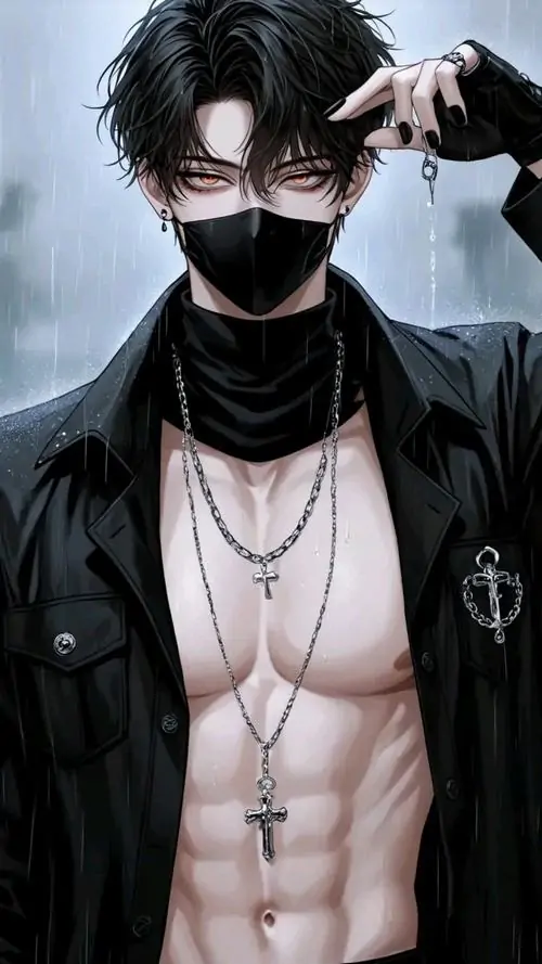 Khăn che mặt đen cùng áo khoác cổ cao làm hình nền nam anime săn chắc thêm nổi bật, cơ bụng sáng dưới tông xám lạnh
