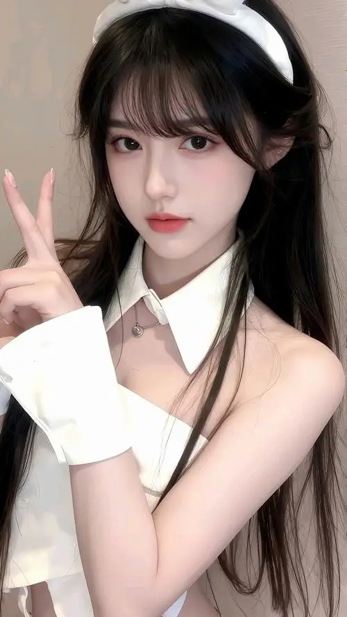 Ảnh hot girl mặc chiếc áo sơ mi trắng thắt nơ đen bản nhỏ đang giơ tay tạo dáng nhí nhảnh trước không gian studio ngập tràn ánh sáng