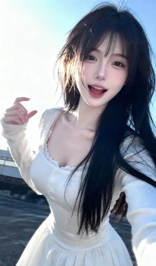 Cô gái tóc đen dài mặc áo trắng cười rạng rỡ ngoài trời, dáng pose nghiêng nhẹ làm khuôn mặt thêm tươi tắn