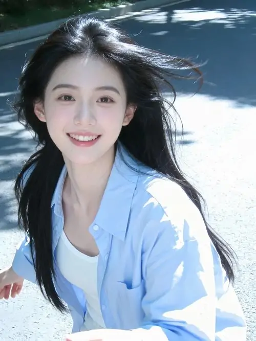Nền biển xanh sáng làm cô gái áo sơ mi xanh nhạt nổi bật, tóc bay nhẹ và nụ cười tươi tạo cảm giác mát lành