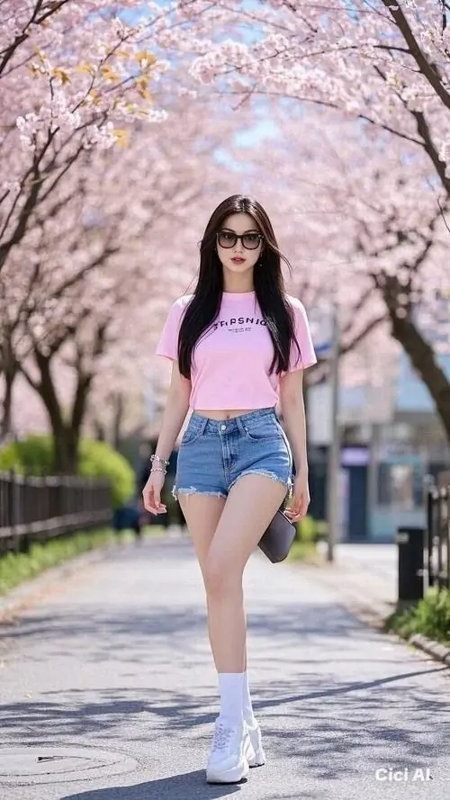Hàng hoa anh đào hồng tạo khung cảnh ngọt cho hình ảnh cô gái mặc quần jean tôn dáng, áo hồng và kính râm