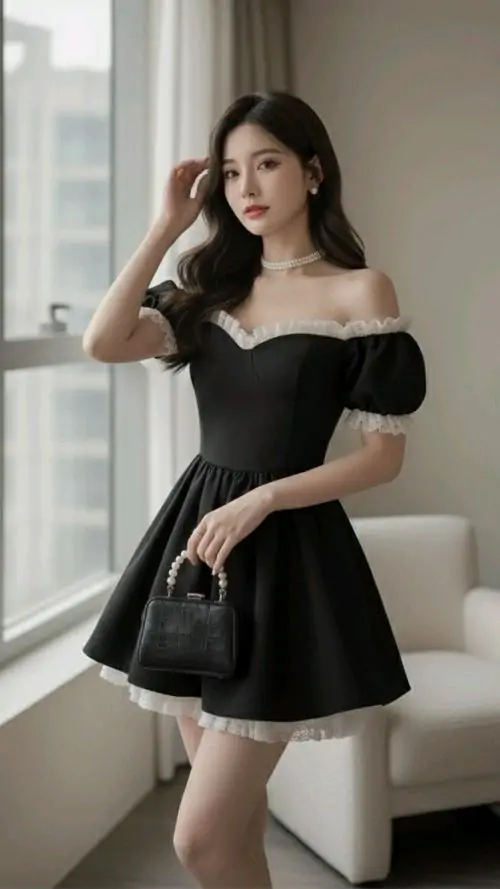 Gái xinh mặc váy ngắn đen chụp selfie trước gương, mái tóc xoăn dài che nhẹ gương mặt và phom váy ôm sát