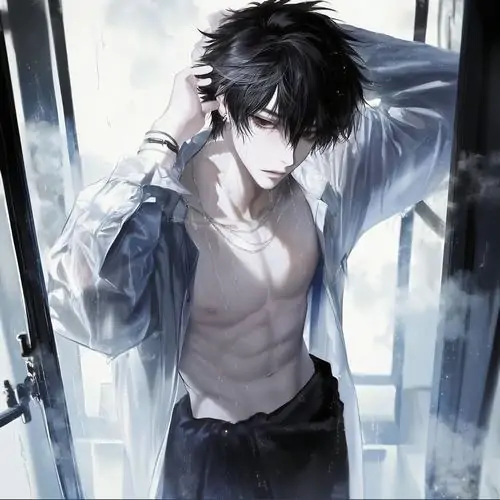 Nhân vật tóc xám trong tông xanh lạnh, áo sơ mi trắng mở cổ và bàn tay chạm tóc làm hình anime nam thần sáu múi thêm mềm