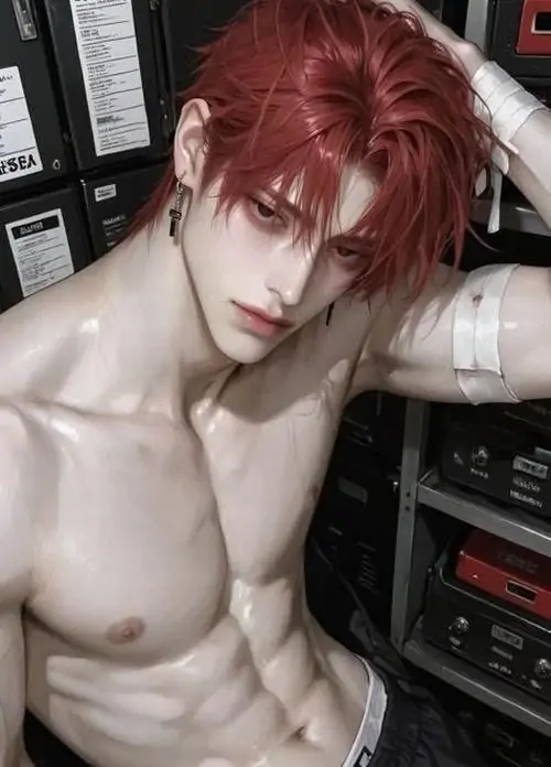 Góc nhìn từ dưới lên tôn hình vẽ hot boy anime cơ bắp, áo đen ôm vai và ánh mắt nghiêng tạo cảm giác tự tin