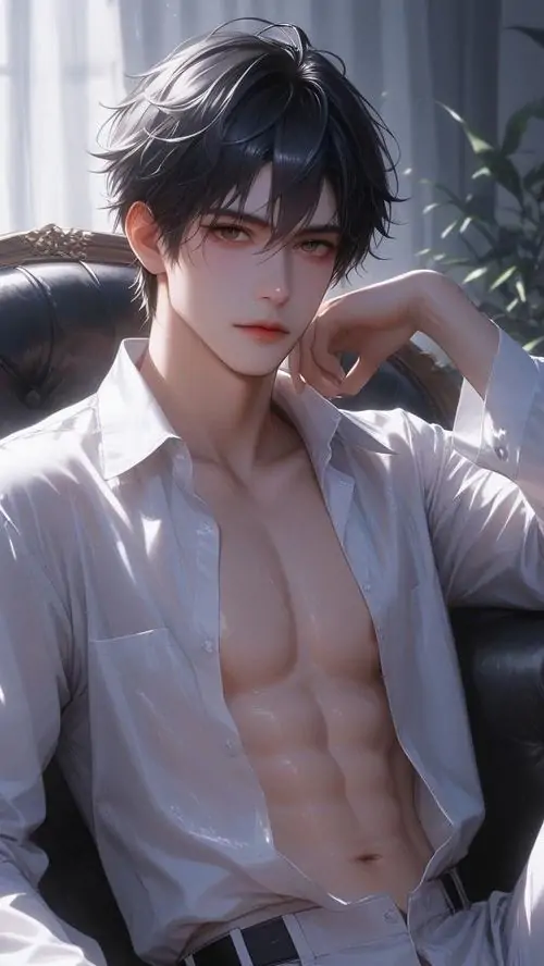 Sơ mi trắng mỏng, dây chuyền nhỏ và mái tóc đen rối giúp ảnh chàng trai anime thân hình săn chắc có vẻ trẻ trung