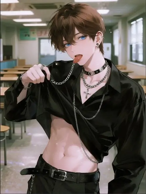Chàng trai anime 6 múi đeo tai nghe đứng trước màn hình xanh, áo khoác mở và nét mặt tập trung hợp không khí game