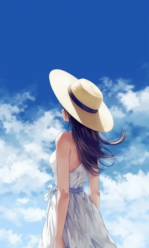 Ảnh hồ sơ chụp góc nghiêng của cô gái diện váy trắng và đội mũ cót đang thả hồn vào không gian lộng gió rực nắng ngày hè oi ả