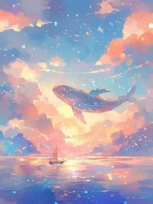 Chú cá voi khổng lồ bơi lội giữa những dải mây màu cam hồng ấm áp lúc rạng đông mang đến cảm giác yên bình đến lạ kỳ cho người xem