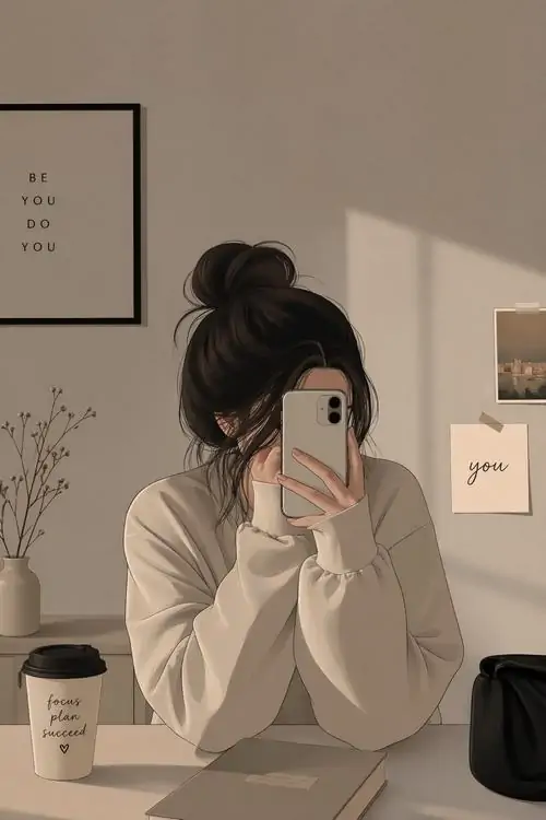 Ngồi bên bàn làm việc ấm cúng cô gái diện áo len màu kem nhẹ nhàng đưa điện thoại lên che mặt chụp một tấm hình lưu niệm.