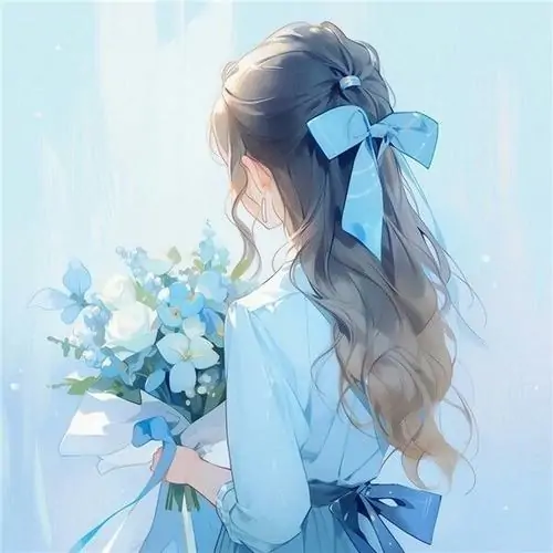 Ảnh avt Facebook chụp từ phía sau mái tóc vàng óng thắt nơ xanh của thiếu nữ đang ôm bó hoa màu xanh thẳm vô cùng ngọt ngào.