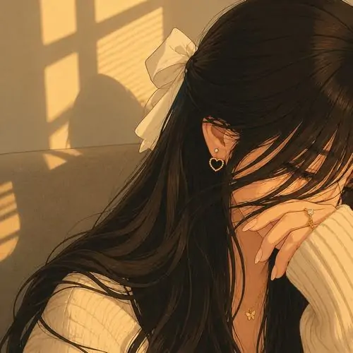 Ánh nắng hoàng hôn hắt bóng lên bức tường nơi thiếu nữ có mái tóc đen mượt khẽ đưa tay che bớt một phần gương mặt trầm tư.