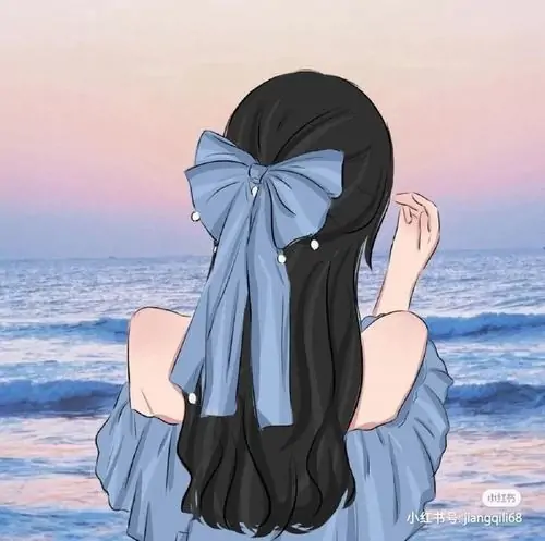 Phía trước là bãi biển xanh ngắt bao la nơi một hình ẩn danh đồ họa miêu tả thiếu nữ cài nơ xanh thắt bím tóc dịu dàng.