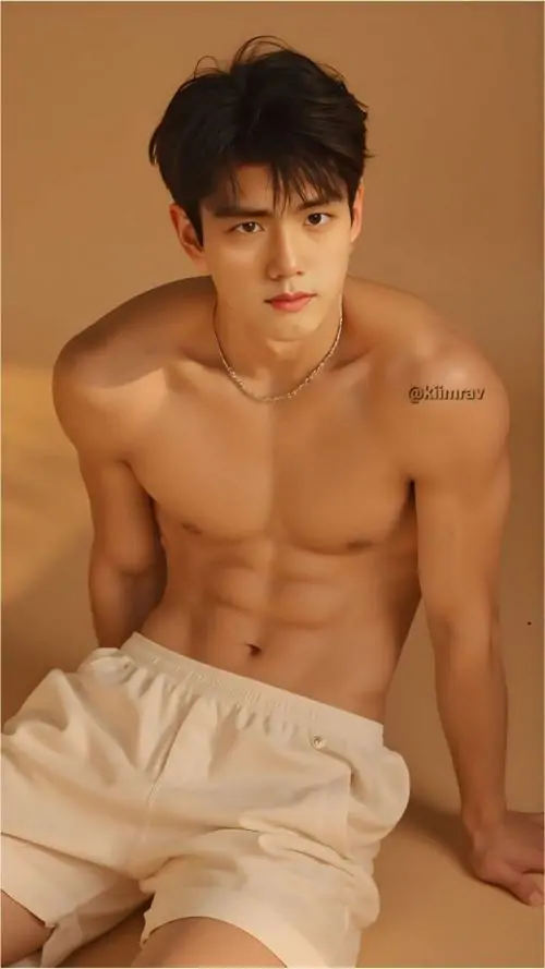 Chàng trai sở hữu thể hình săn chắc ngồi thoải mái trên sàn nhà trong chiếc quần short trắng khoe cơ bụng khỏe khoắn cùng biểu cảm gương mặt lạnh lùng